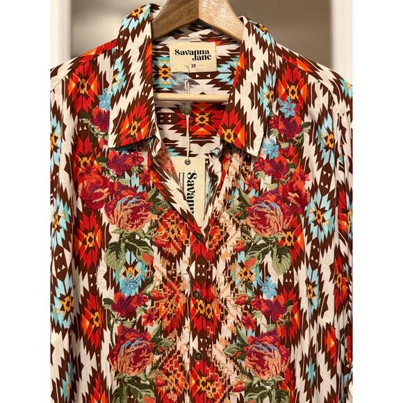 Savanna Jane  NWT southwestern print floral embroidered maxi shirt dress 3X - Picture 2 of 14